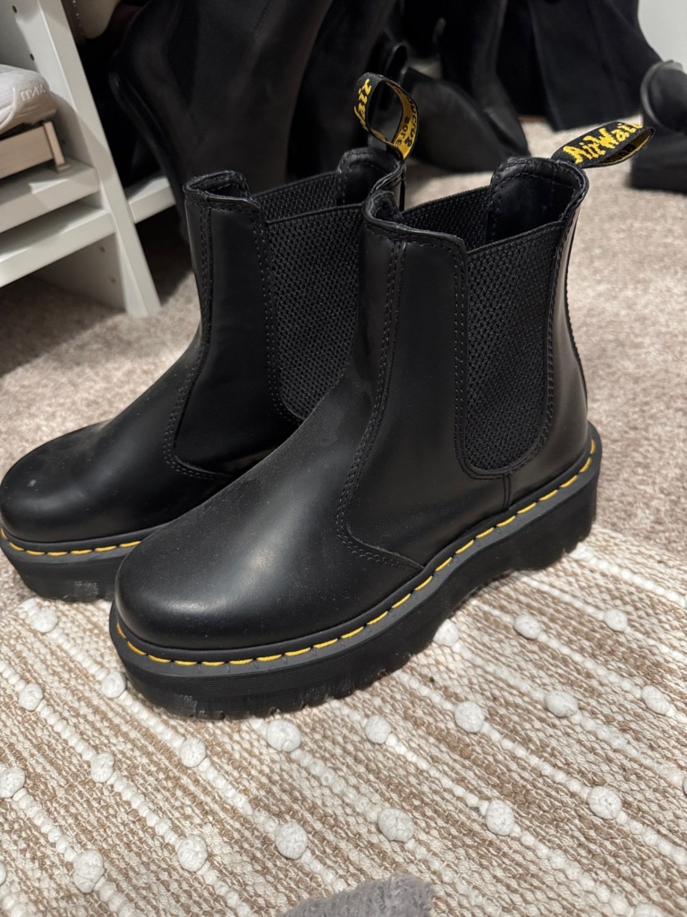 Dr. Martens Black Leather Platform Chelsea Boots with Yellow Stitching